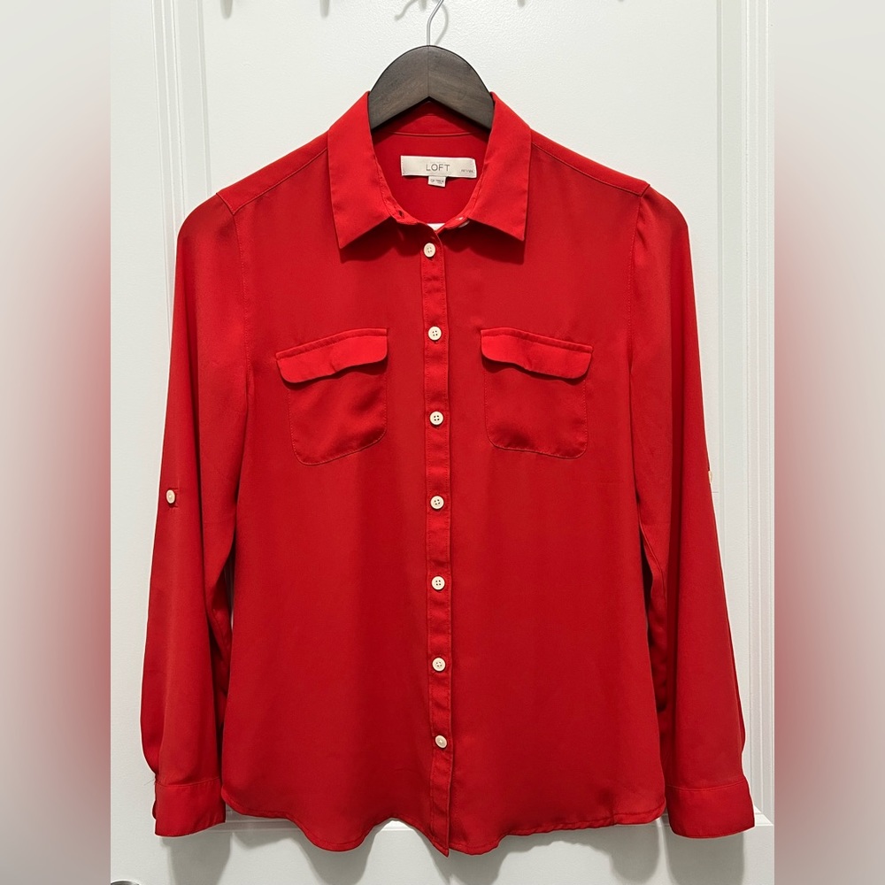 Ann Taylor Loft Red Silky Utility Blouse -Small Petite